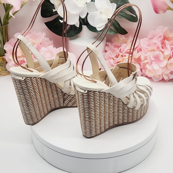 💋NEW💋JIMMY CHOO Perdita Leather Raffia Wedge Sandals - Picture 7 of 14